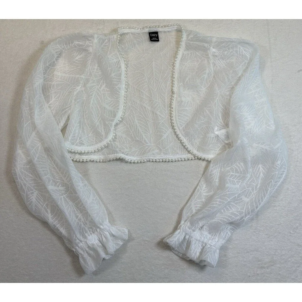 Dazy Sheer White Pearl Trim Bolero Shrug Cropped Puff Sleeve Cardigan M